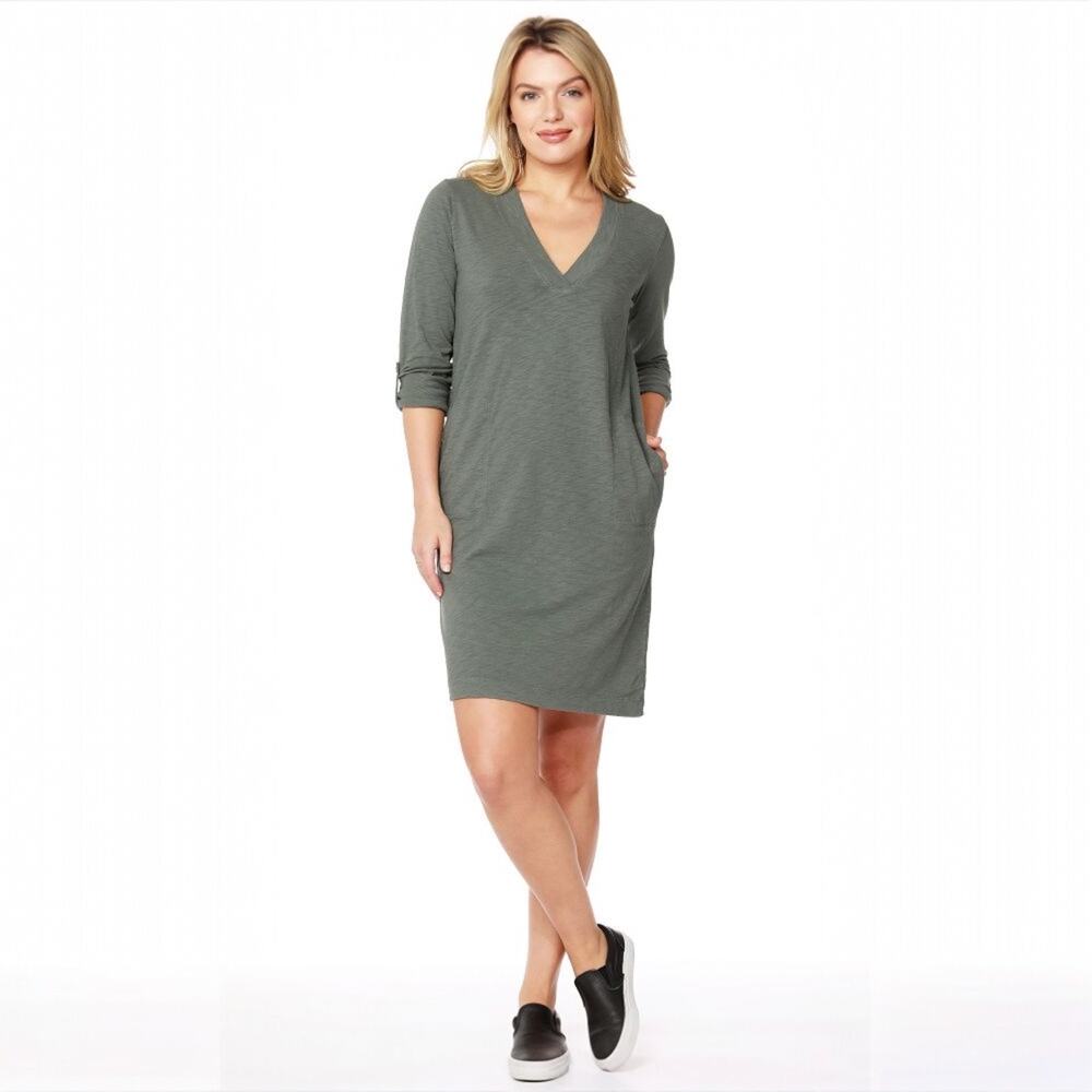 Bobi Los Angeles Dress Long Sleeve Tab V-Neck Green Slub Knit Casual Women's L